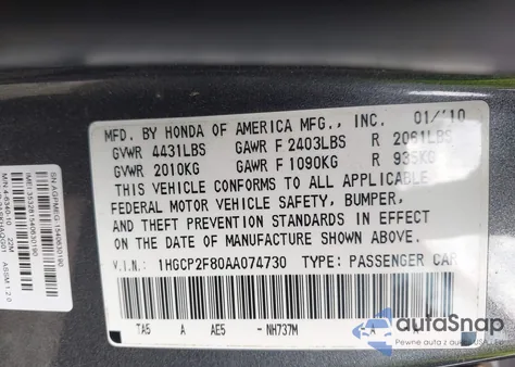 2010 Honda Accord 2.4 Ex-L from USA, damaged, VIN 1HGCP2F80AA074730